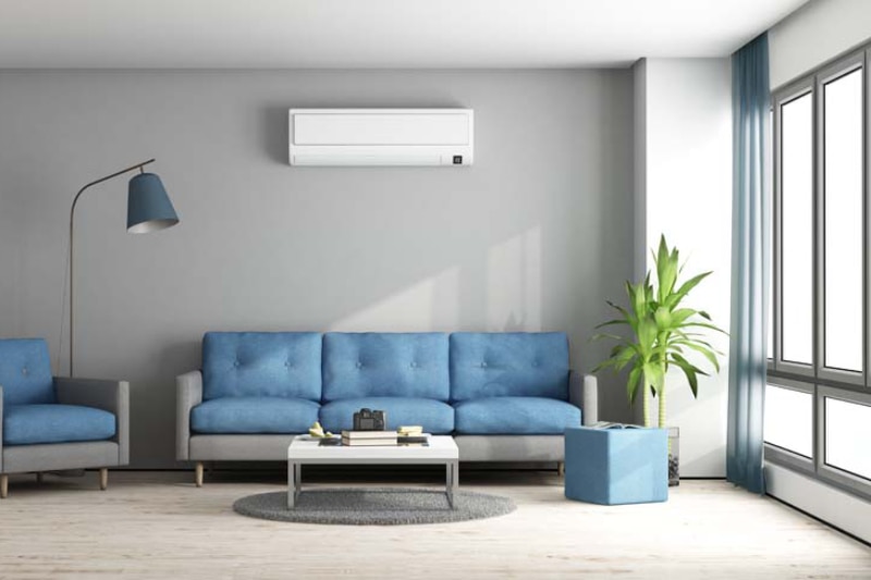 Ductless Mini Splits for Comfortable and Healthy Living. Image shows Blue and gray modern living room with sofa armchair and air conditioner - 3d rendering