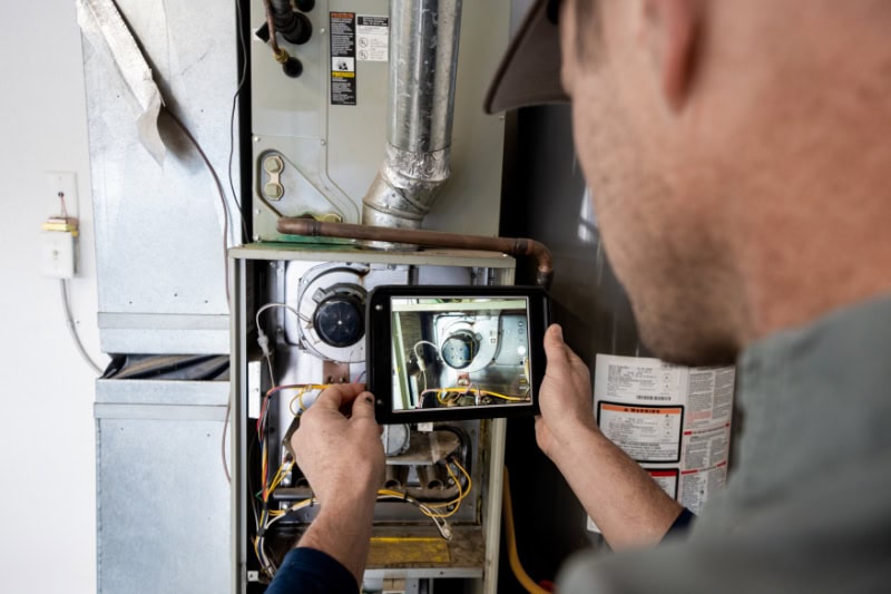3 Tips to Getting the Most From Your HVAC Warranty. Image is a photograph of a man taking a photo of the inside of his furnace.